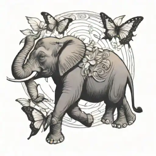 Elephant And Doves And Butterflies Flying Towards The Sun