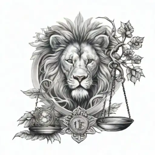 Lion Head And Justice Scales With Life Tree Emerging