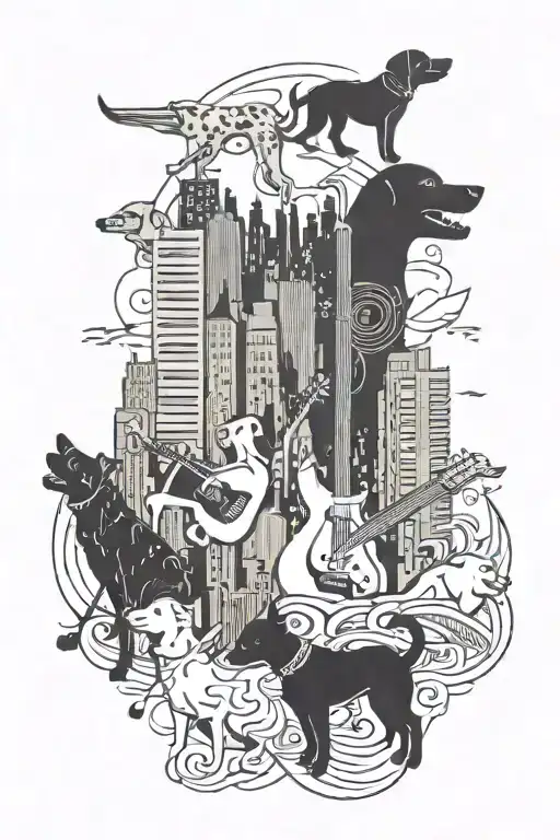 A Stylized City Skyline Made Up Of Dog Silhouettes Playing Musical Instruments