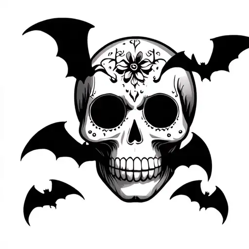Sugar Skull With Bats Flying