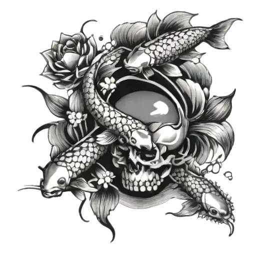 A Tattoo Of Koi Fish Swimming Through A Skull-filled Pond In A Dark And Eerie Style