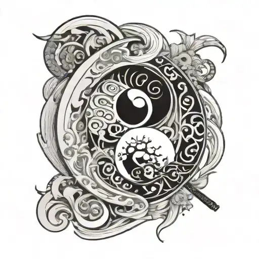 Abstract Representation Of The Elements In A Yin Yang Symbol With Samurai And Ninja Motifs