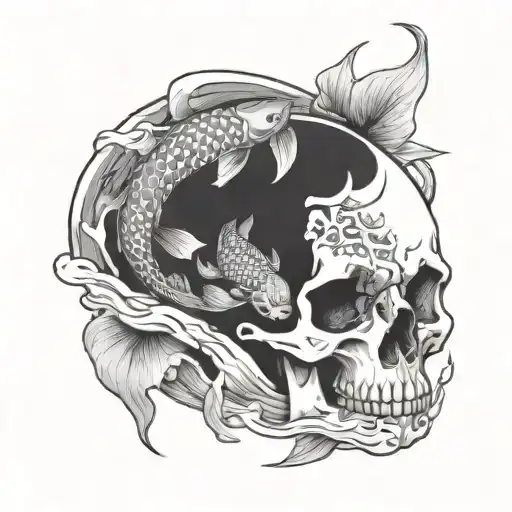 A Tattoo Of Koi Fish Swimming Through A Skull-shaped Pond In A Dark And Eerie Style
