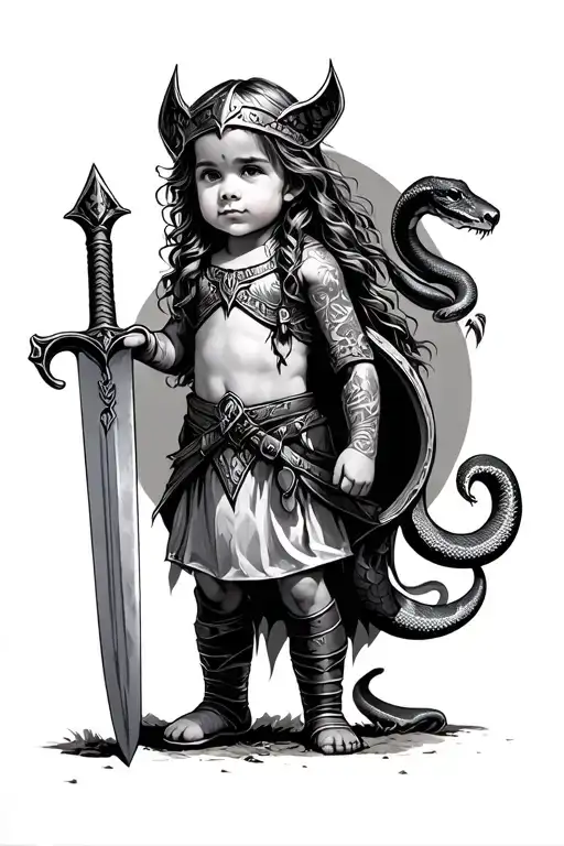 Young Valkyrie Toddler Standing With Oversized Sword And A Pet Snake In The Other Hand