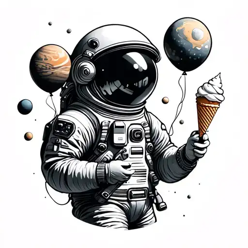 Astronaut Holding Ice Cream And Balloons Made From Planets