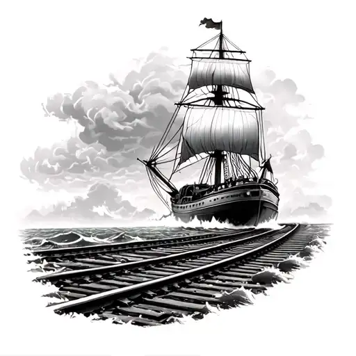 Line Work Tattoo 1800 Traintracks Morphing Into A Stormy Ocean With A Single Masted 1970S Sail Boat