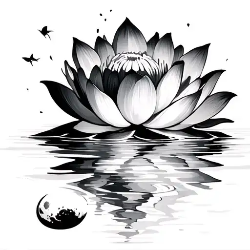 Lotus Flower With Flowers With Phases Of Moon Reflecting On The Water