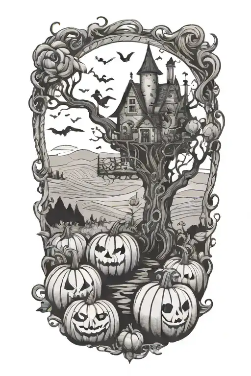 A Whimsical Tim Burton-inspired Pumpkin Patch With Harry Potter Elements Intertwined Tattoo Idea