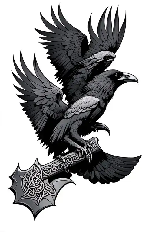 Celtic Ravens Huginn And Muninn Flying Over Thor's Battle Axe
