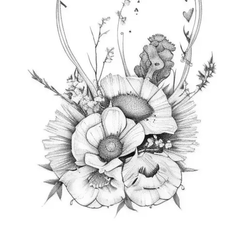 Vertical Spine Tattoo With February Birth Month Flowers And April Birth Month Flowers