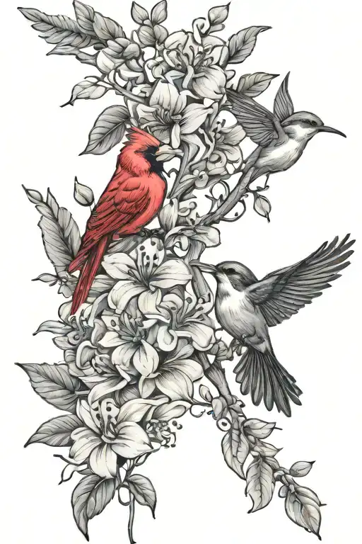 Honeysuckle Vines With Various Flowers With Red Cardinal And Hummingbirds