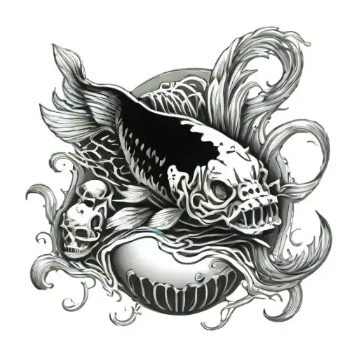 A Tattoo Of Koi Fish Swimming Through A Skull-shaped Pond In A Dark And Eerie Style