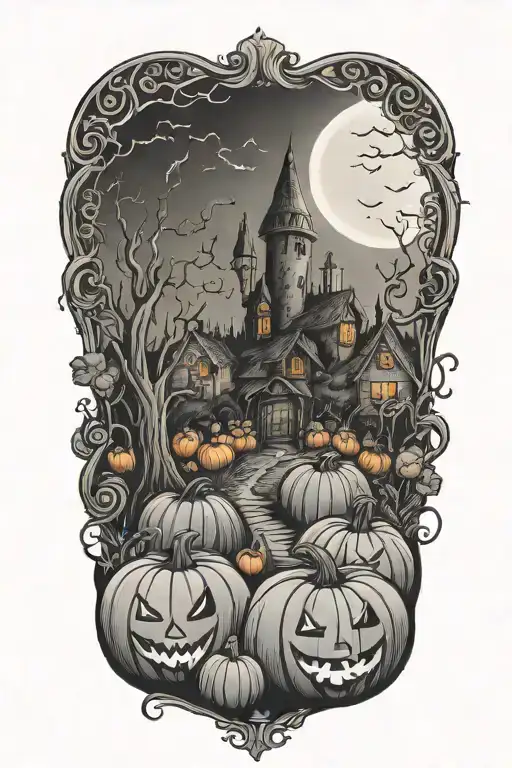 A Whimsical Tim Burton-inspired Pumpkin Patch With Harry Potter Elements Intertwined Tattoo Idea