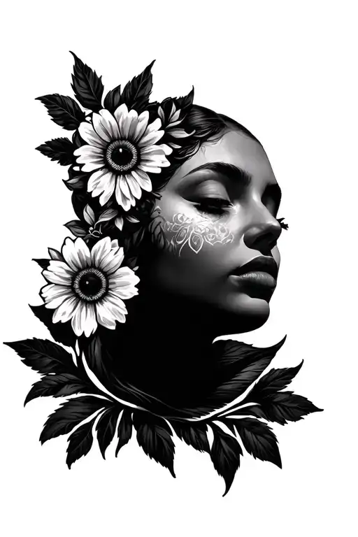 Sun And Mood With Face And Flowers