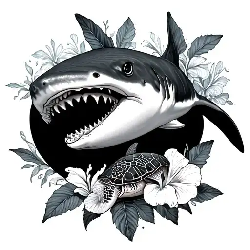 Whale Shark With Hibiscus And Sea Turtle