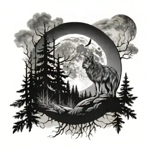 Moon With Wolf In A Forest Landscape