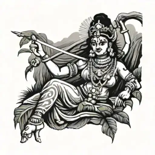 A Tattoo Of Mahakali Wearing Saree Emerging From A Waterfall In A Lush Jungle