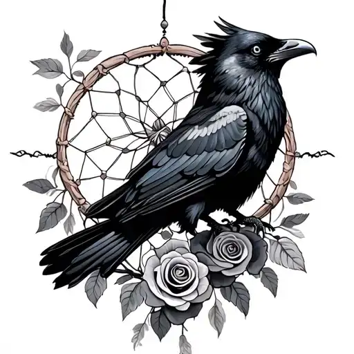 Black Raven Flying Surrounded By Two Wrapped Roses And Dreamcatcher