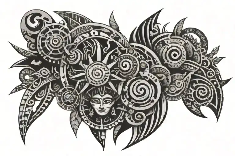 A Tribal Design Incorporating Elements Of Different Cultures And Symbols Of Exploration