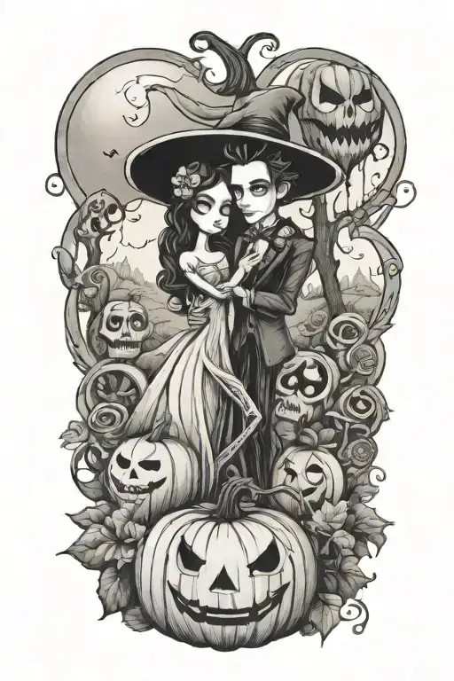 A Whimsical Tim Burton-inspired Pumpkin Patch With The Corpse Bride Elements Intertwined Tattoo Idea