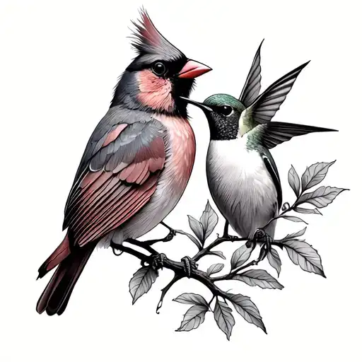 Very Small Minimal Line Cardinal Sitting With A Hummingbird