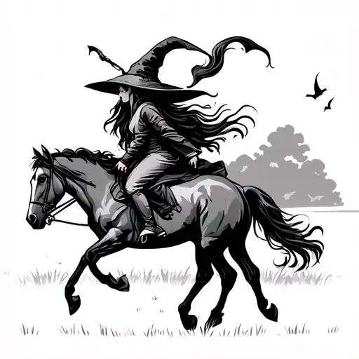 Witch On A Horse Galloping Through A Field