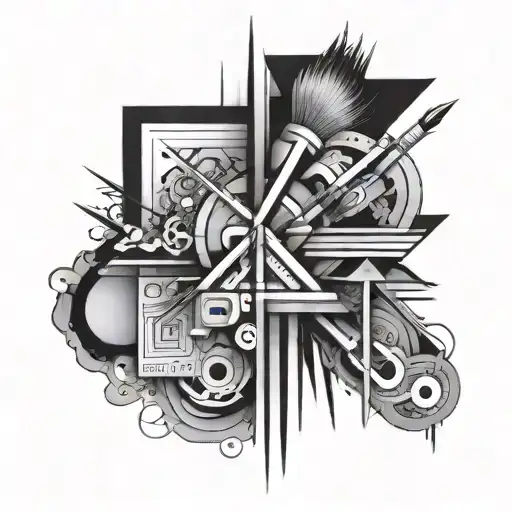 An Abstract Geometric Design Incorporating Elements Of Art Tools Such As Paintbrushes And Palettes