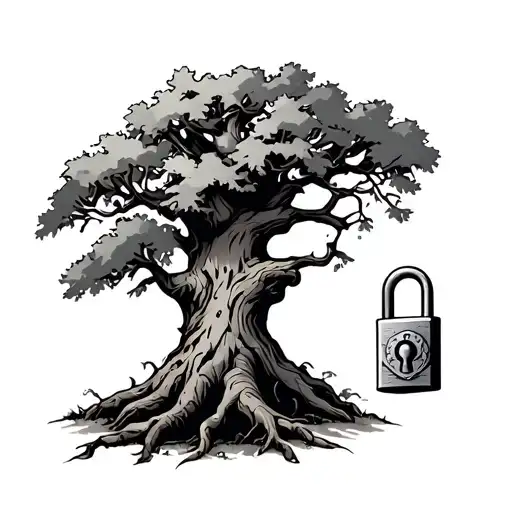Oak Tree With A Ancient Padlock For The Trunk