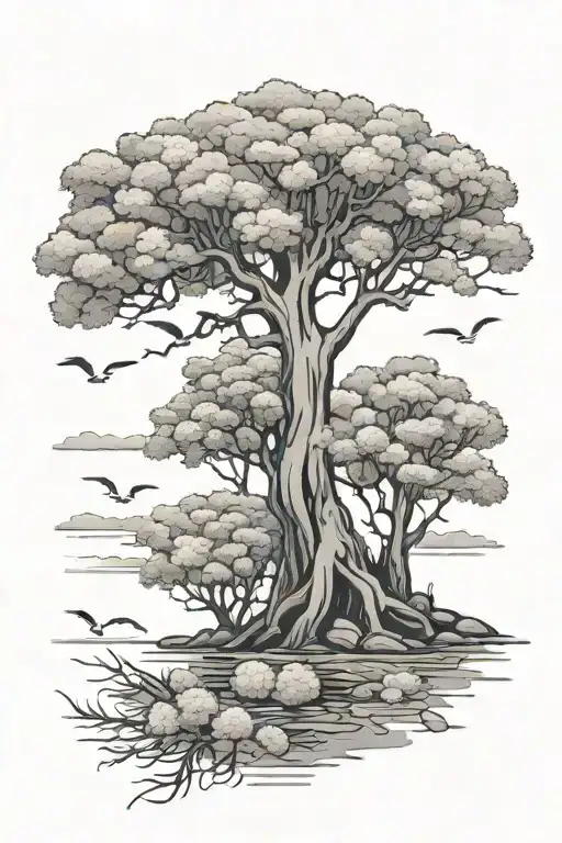 Willow Tree Next To A River Surrounded By Bushels Of Chrysanthemums