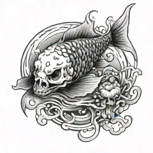 A Tattoo Of Koi Fish Swimming Through A Skull-shaped Pond In A Dark And Eerie Style