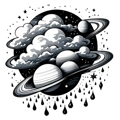Rain Cloud With Simple Planets And Stars With Rain
