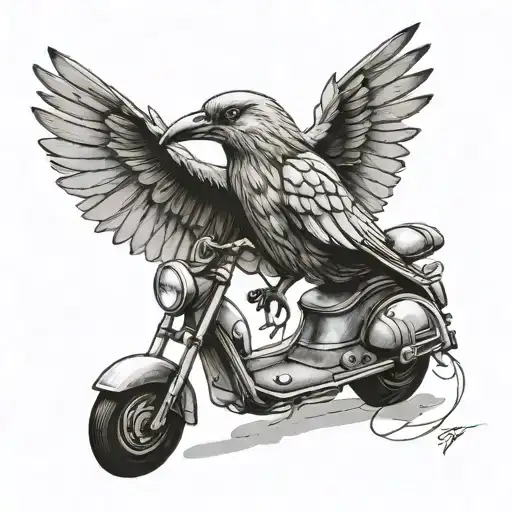 A Black-grey Tattoo Of A Majestic Bird Perched On A Dio Scooter Handlebar