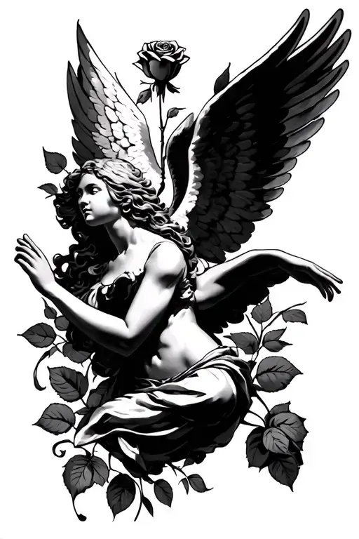 Angel Flying Up From Chest Up With A Rose