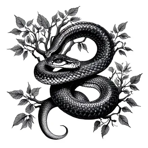 Snake Around Tree On Leg Tattoo With Queen