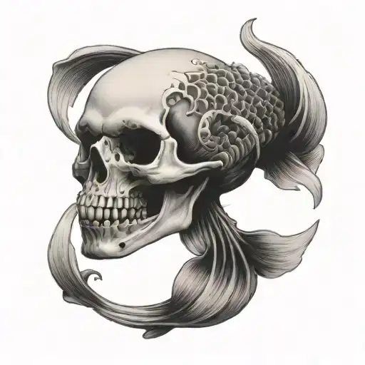 A Tattoo Of Koi Fish Swimming Through A Skull-filled Pond In A Dark And Eerie Style
