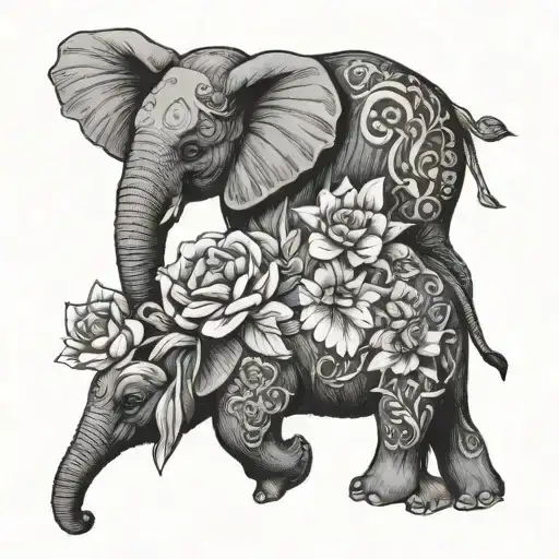 October And May Birth Flowers With Fine Line Elephant And Bunny