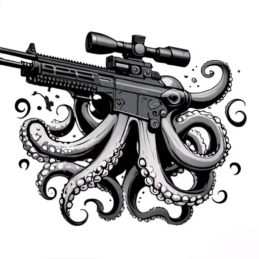 Octopus Gripping Sniper Rifle That Is Broken In Half