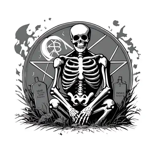 Skeleton Sensen Man On A Cemetery With Dead Heads A Pentagram