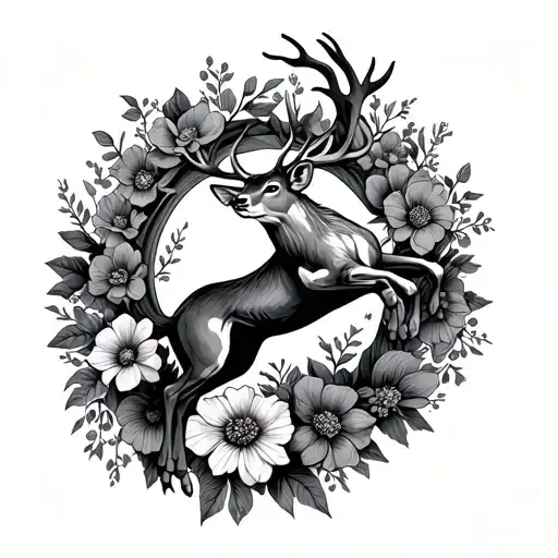 Deer Jumping Into Flowers Intertwined