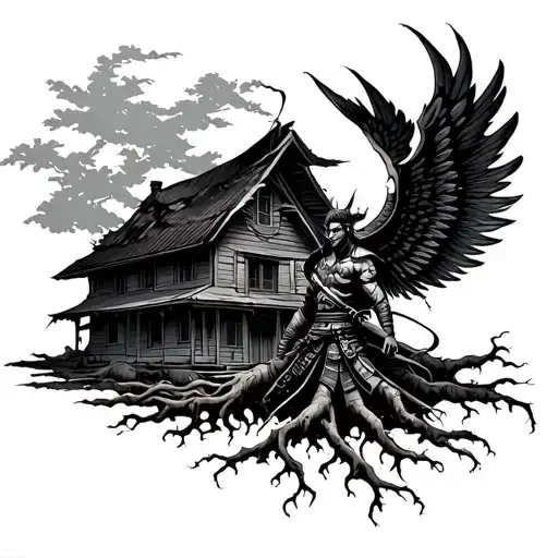 Samurai With Wings With Tree Roots Leading Up To A House