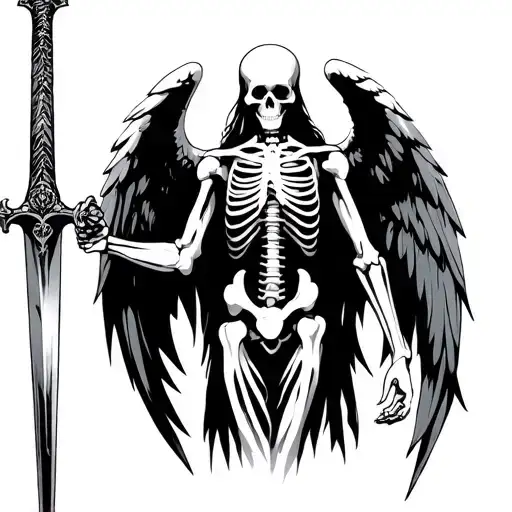 Angel Dark Half Human Half Skeleton Holding Sword With Both Hands In Front