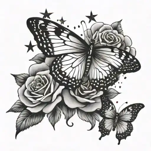 Butterfly With Rose And Small Stars