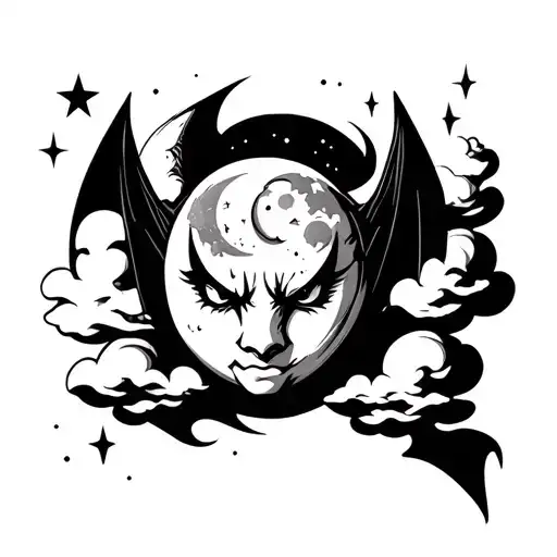 Black Work Traditional Bat Head With Moon And Stars And Clouds To Fit On A Forearm