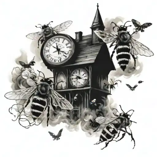A Hauntingly Beautiful Scene Of Honey Bees Swarming Around A Midnight Clock Tower Engulfed In Smoke