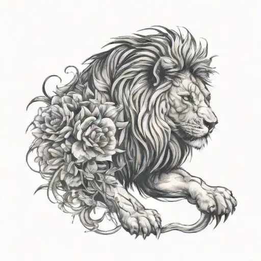 A Lion Wrapped In Thorns And Flowers With Scars On Its Face And Body Ready To Stand Its Ground