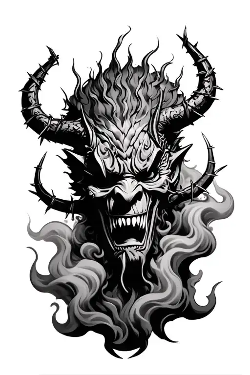 Dark Oni Mask Surrounded By Smoke With Barbed Wire
