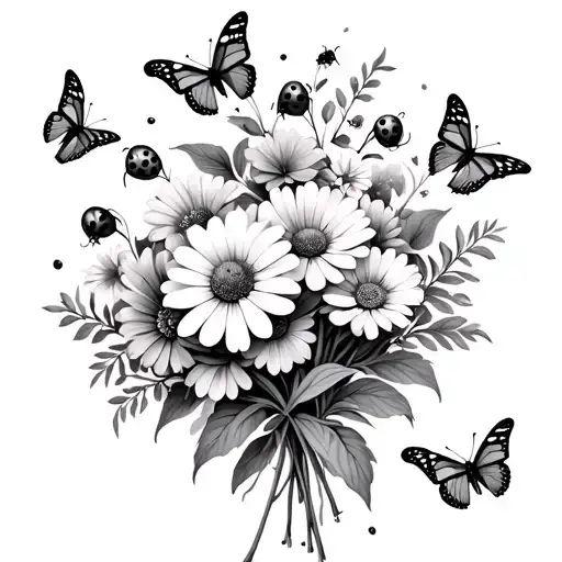 Birth Flower Bouquet With Lady Bugs Under Butterflies