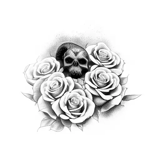 A Realistic Black And Grey Snake Slithering Through A Bed Of Roses With A Skull Hidden Within