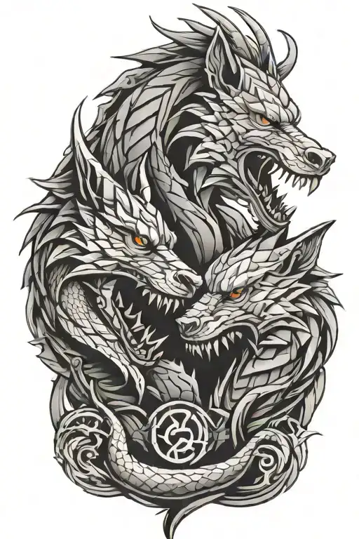 Dragon And Wolf Sharing A Mouth Split In Half Geometric