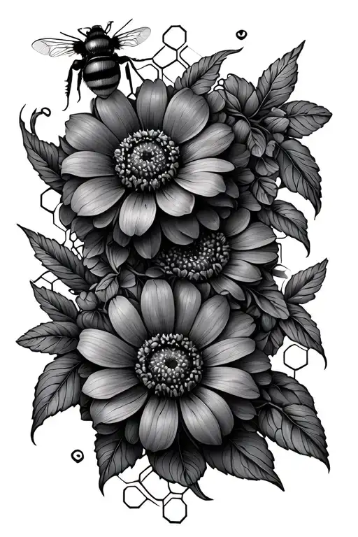 Bee Flowers Honeycomb Pattern Intertwined